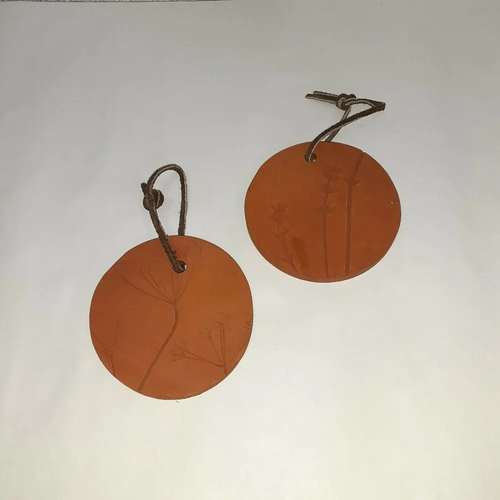 Earthenware Clay Round Etched Floral Tiles Artist Signed With Leather Hangers...